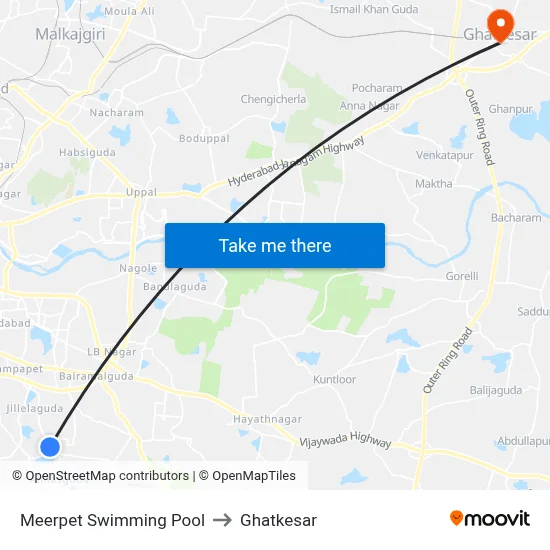 Meerpet Swimming Pool to Ghatkesar map
