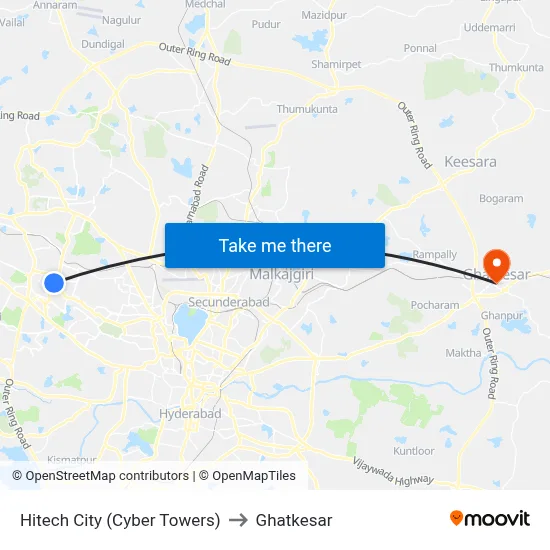 Hitech City (Cyber Towers) to Ghatkesar map