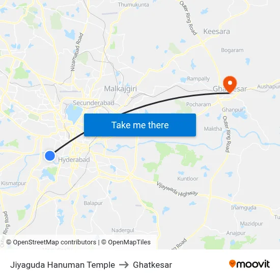 Jiyaguda Hanuman Temple to Ghatkesar map