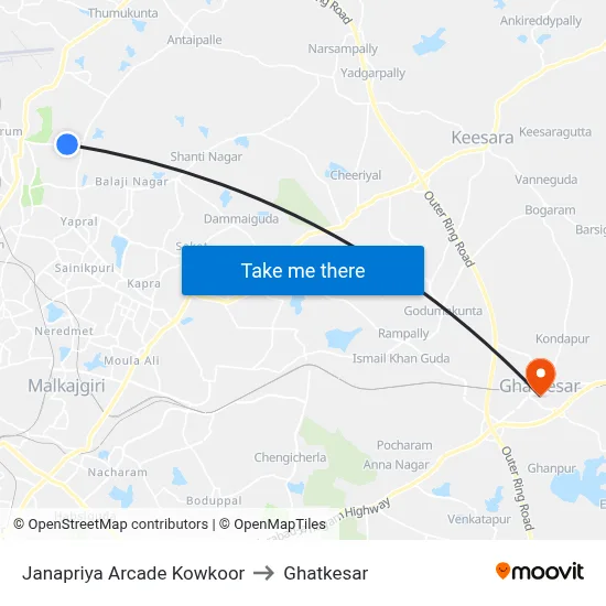 Janapriya Arcade Kowkoor to Ghatkesar map
