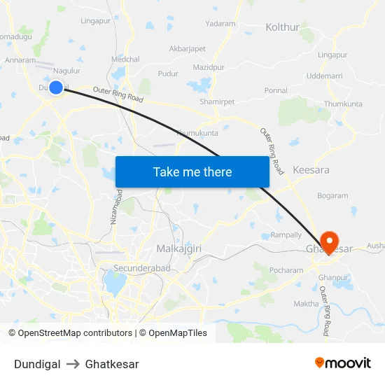 Dundigal to Ghatkesar map