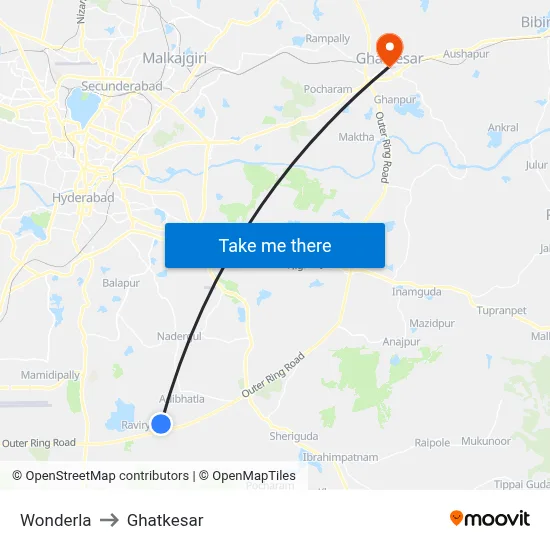 Wonderla to Ghatkesar map
