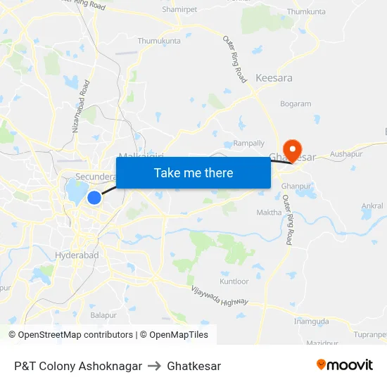 P&T Colony Ashoknagar to Ghatkesar map