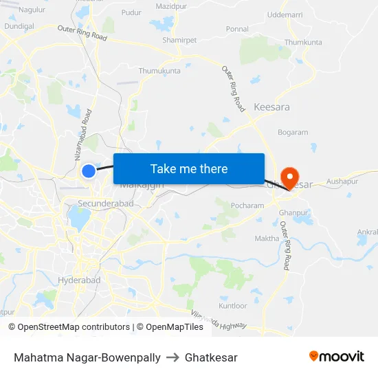 Mahatma Nagar-Bowenpally to Ghatkesar map