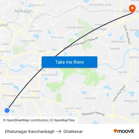 Dhatunagar Kanchanbagh to Ghatkesar map
