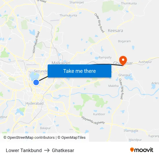 Lower Tankbund to Ghatkesar map
