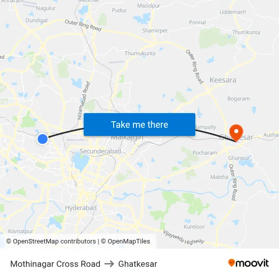 Mothinagar Cross Road to Ghatkesar map