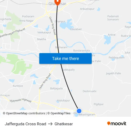 Jafferguda Cross Road to Ghatkesar map