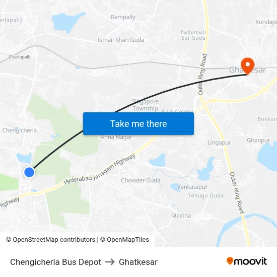 Chengicherla Bus Depot to Ghatkesar map