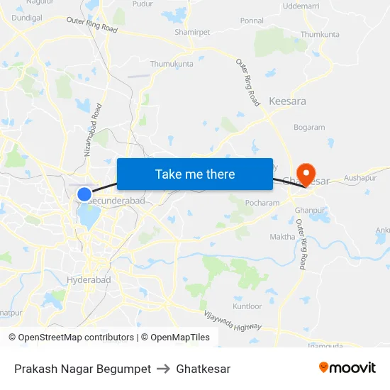 Prakash Nagar Begumpet to Ghatkesar map