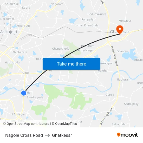 Nagole Cross Road to Ghatkesar map