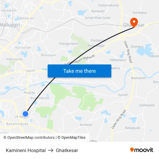 Kamineni Hospital to Ghatkesar map