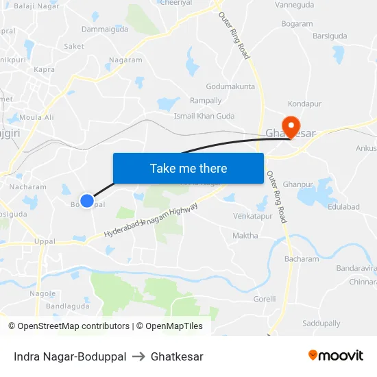 Indra Nagar-Boduppal to Ghatkesar map