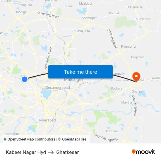 Kabeer Nagar Bus Stop to Ghatkesar map