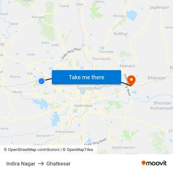 Indira Nagar to Ghatkesar map