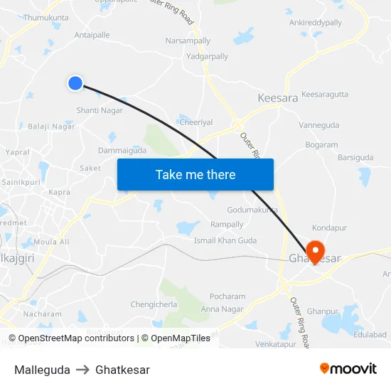 Malleguda to Ghatkesar map