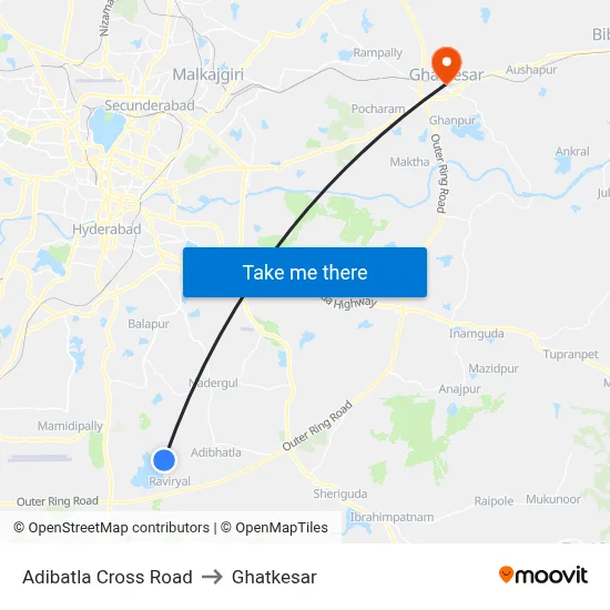Adibatla Cross Road to Ghatkesar map
