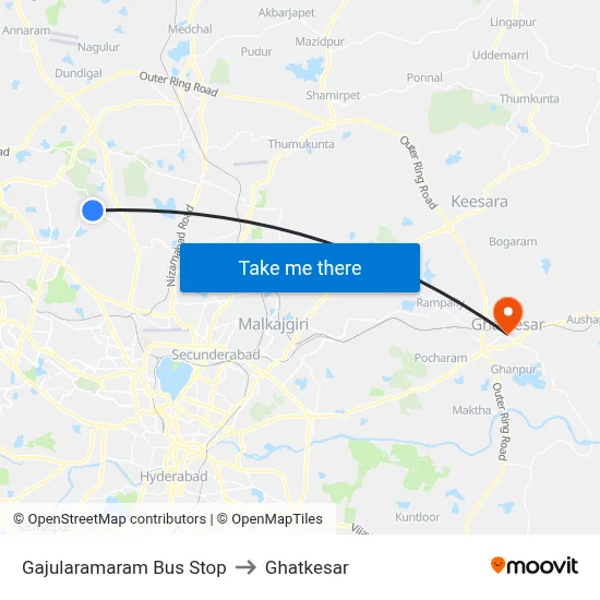Gajularamaram Bus Stop to Ghatkesar map
