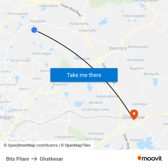 Bits Pilani to Ghatkesar map