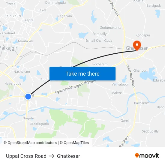 Uppal Cross Road to Ghatkesar map