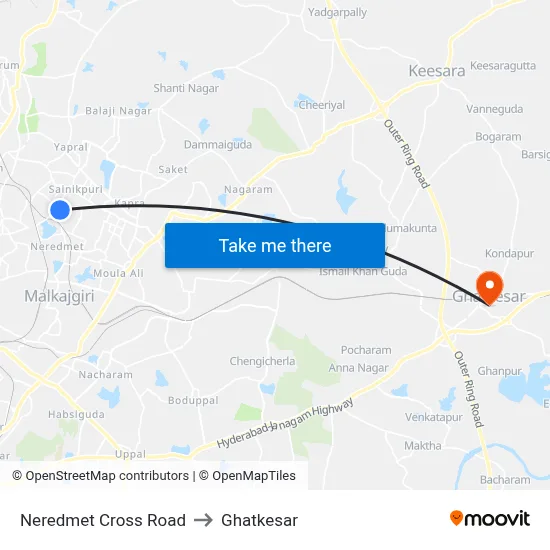 Neredmet Cross Road to Ghatkesar map