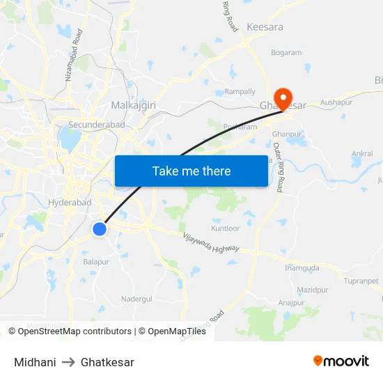 Midhani to Ghatkesar map