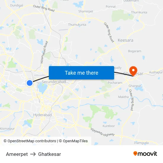 Ameerpet to Ghatkesar map