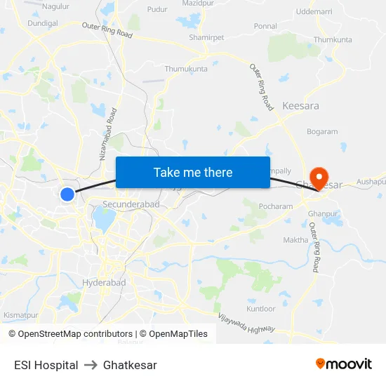 ESI Hospital to Ghatkesar map