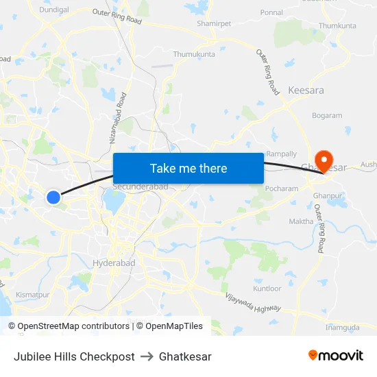Jubilee Hills Checkpost to Ghatkesar map