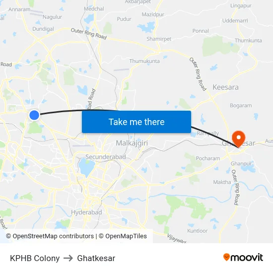 KPHB Colony to Ghatkesar map