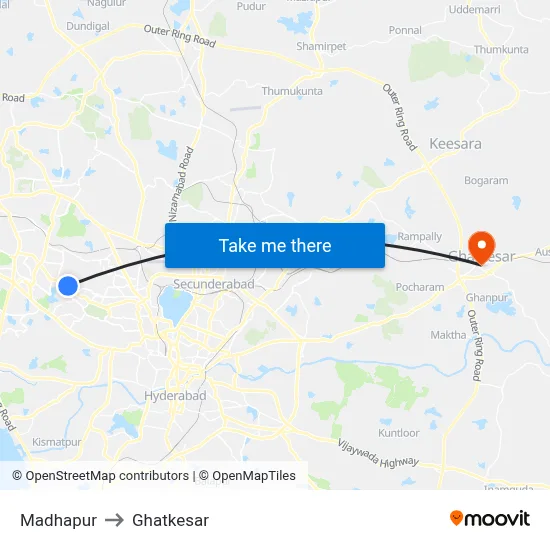 Madhapur to Ghatkesar map