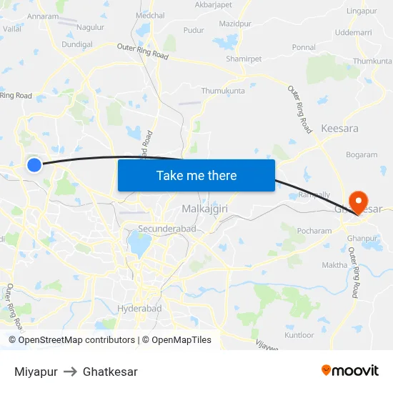 Miyapur to Ghatkesar map