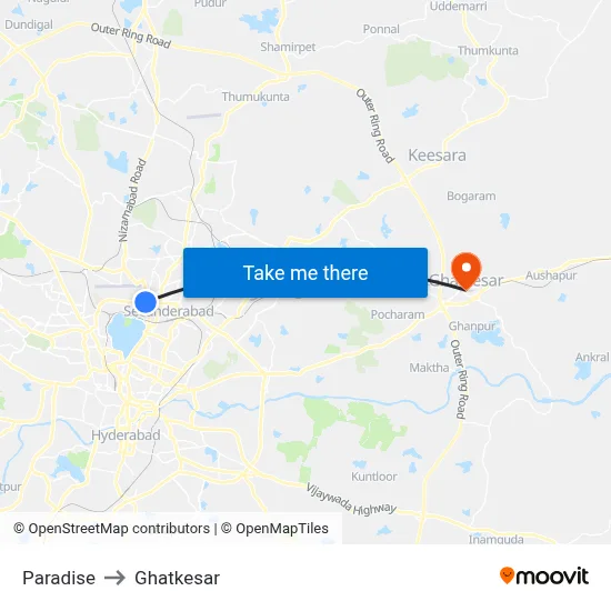 Paradise to Ghatkesar map