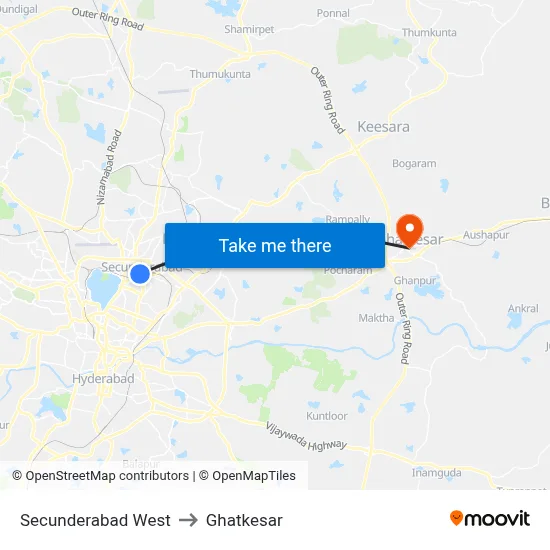 Secunderabad West to Ghatkesar map