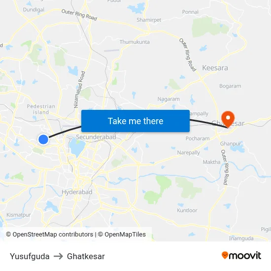 Yusufguda to Ghatkesar map