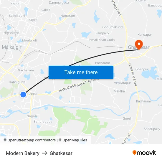 Modern Bakery to Ghatkesar map