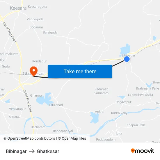 Bibinagar to Ghatkesar map