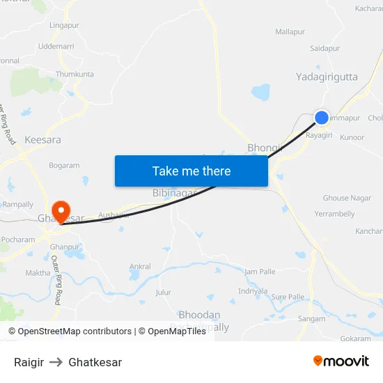 Raigir to Ghatkesar map
