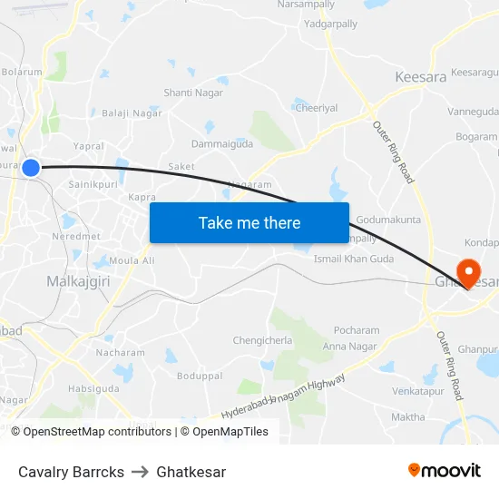 Cavalry Barrcks to Ghatkesar map