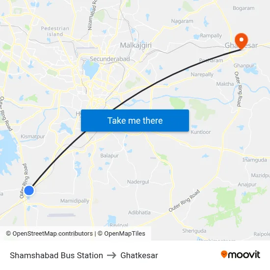 Shamshabad Bus Station to Ghatkesar map