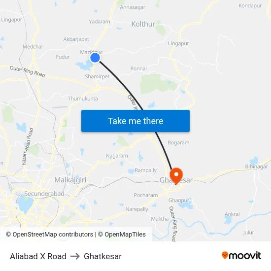 Aliabad X Road to Ghatkesar map