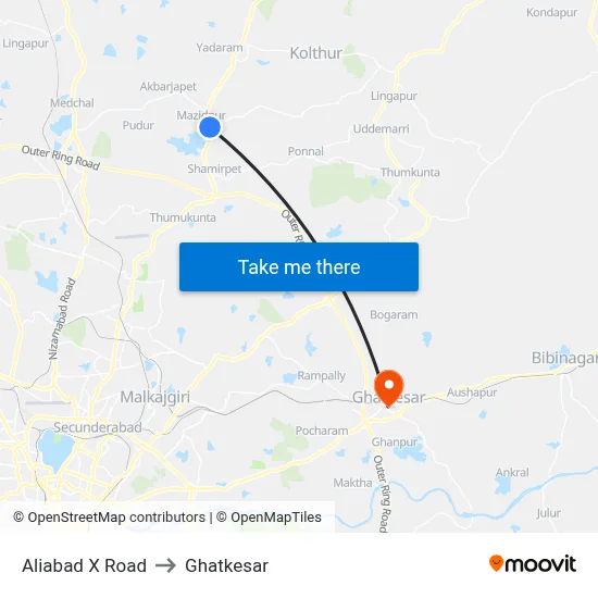 Aliabad X Road to Ghatkesar map
