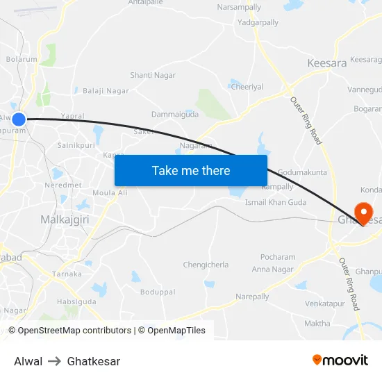 Alwal to Ghatkesar map