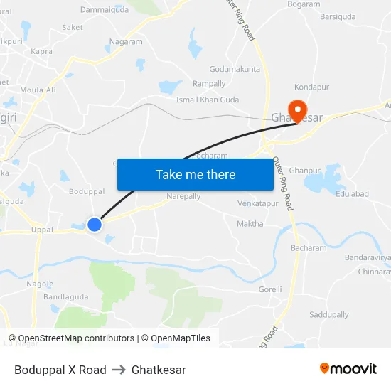 Boduppal X Road to Ghatkesar map