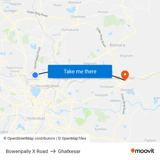 Bowenpally X Road to Ghatkesar map