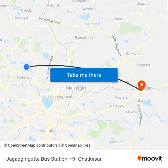 Jagadgirigutta Bus Station to Ghatkesar map