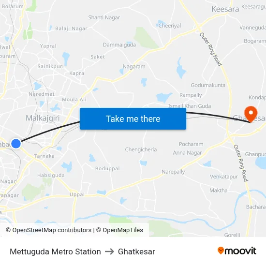 Mettuguda Metro Station to Ghatkesar map