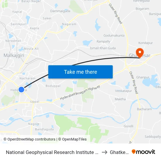 National Geophysical Research Institute (N.G.R.I) to Ghatkesar map