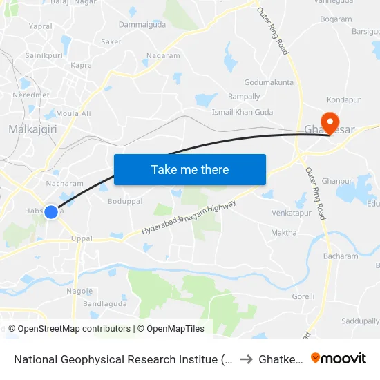 National Geophysical Research Institue (N.G.R.I) to Ghatkesar map