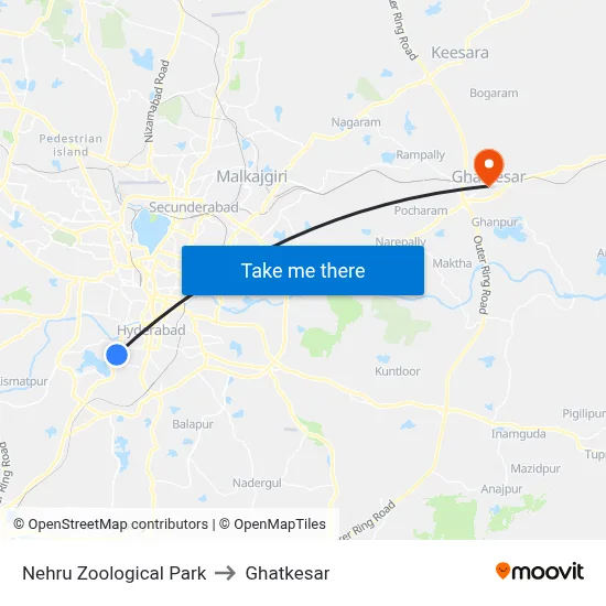 Nehru Zoological Park to Ghatkesar map